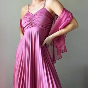 Vintage 1970's Pink Pleated Maxi Dress W/ Chiffon Tie Shawl